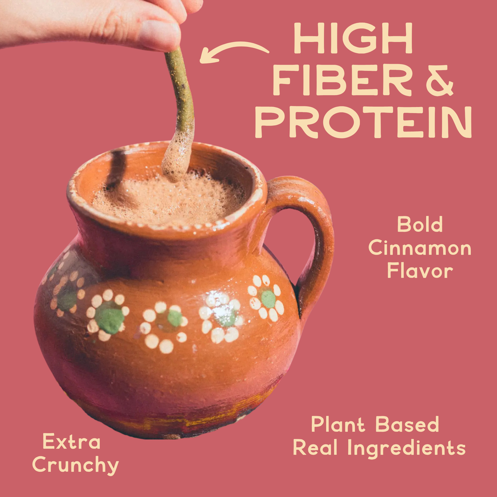 Ceramic jar with floral patterns on a red background, featuring text about fiber, protein, flavor, and ingredients.